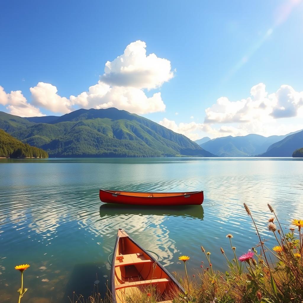 A serene landscape featuring a tranquil lake surrounded by lush green mountains under a clear blue sky, with fluffy white clouds drifting by