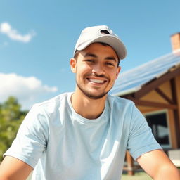 A friendly young man sitting outdoors on a sunny day, wearing a light gray cap and a light blue t-shirt