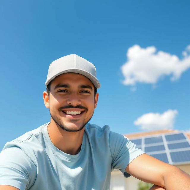 A friendly young man sitting outdoors on a sunny day, wearing a light gray cap and a light blue t-shirt