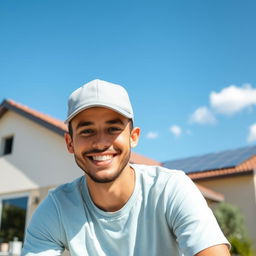 A friendly young man sitting outdoors on a sunny day, wearing a light gray cap and a light blue t-shirt