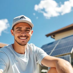 A friendly young man sitting outdoors on a sunny day, wearing a light gray cap and a light blue t-shirt