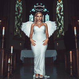 A full-length photograph of a sad yet striking 18-year-old woman with blond hair, embodying a mix of sexy, sweet, and innocent beauty