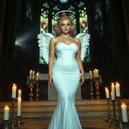 A full-length photograph of a sad yet striking 18-year-old woman with blond hair, embodying a mix of sexy, sweet, and innocent beauty