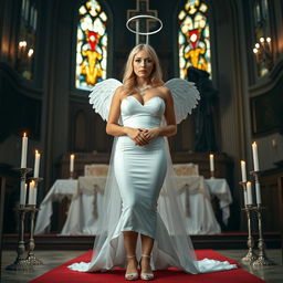 A full-length photograph of a sad yet striking 18-year-old woman with blond hair, embodying a mix of sexy, sweet, and innocent beauty