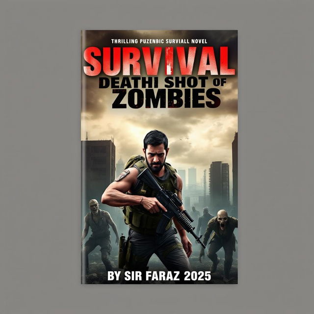 A gripping book cover design for a thrilling zombie survival novel titled 'Survival: Death Shot of Zombies' by Sir Faraz (2025)