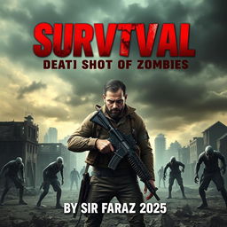 A gripping book cover design for a thrilling zombie survival novel titled 'Survival: Death Shot of Zombies' by Sir Faraz (2025)