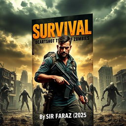 A gripping book cover design for a thrilling zombie survival novel titled 'Survival: Death Shot of Zombies' by Sir Faraz (2025)