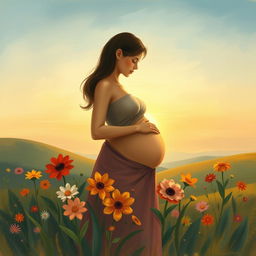 A thought-provoking and emotional artwork depicting a serene landscape with a mother cradling her pregnant belly, surrounded by vibrant flowers symbolizing new life and hope