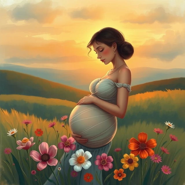 A thought-provoking and emotional artwork depicting a serene landscape with a mother cradling her pregnant belly, surrounded by vibrant flowers symbolizing new life and hope