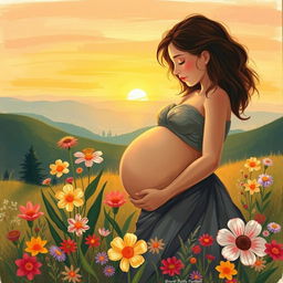A thought-provoking and emotional artwork depicting a serene landscape with a mother cradling her pregnant belly, surrounded by vibrant flowers symbolizing new life and hope