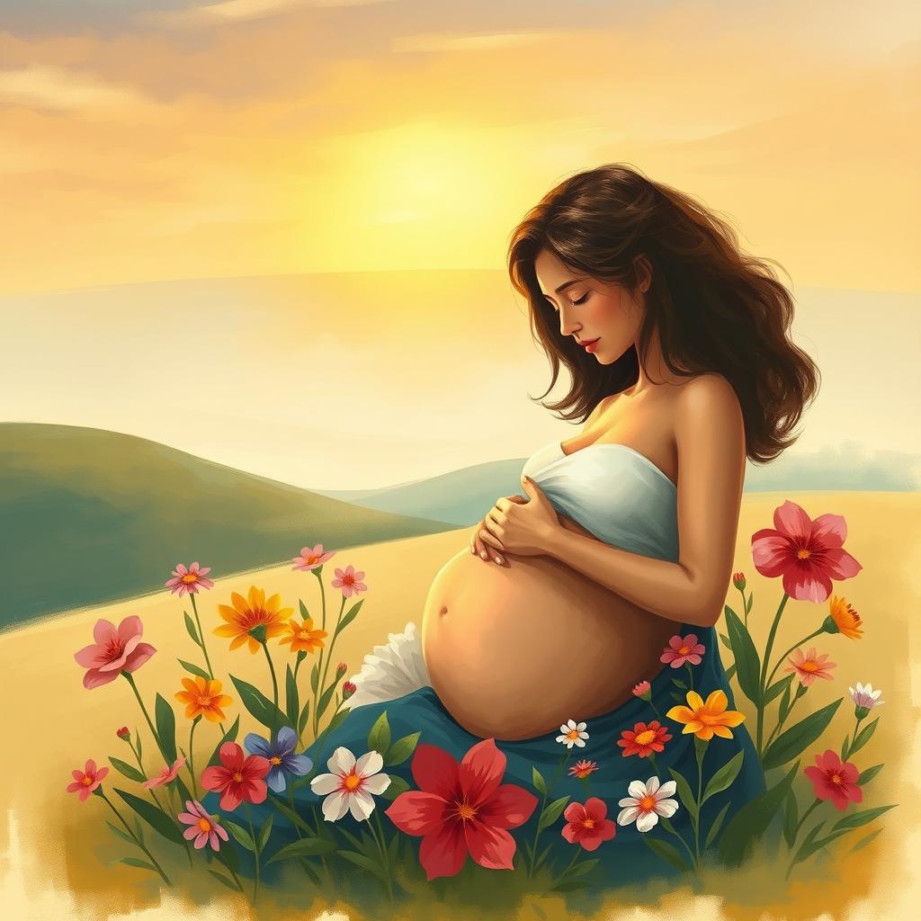 A thought-provoking and emotional artwork depicting a serene landscape with a mother cradling her pregnant belly, surrounded by vibrant flowers symbolizing new life and hope