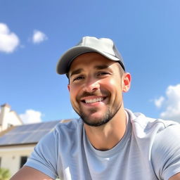 A 35-year-old friendly man sitting outdoors on a sunny day, wearing a light gray cap and a light blue t-shirt