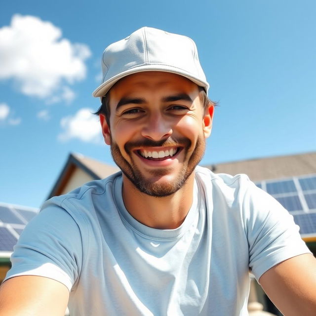 A 35-year-old friendly man sitting outdoors on a sunny day, wearing a light gray cap and a light blue t-shirt