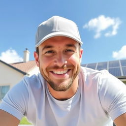 A 35-year-old friendly man sitting outdoors on a sunny day, wearing a light gray cap and a light blue t-shirt