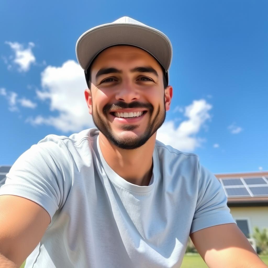 A 35-year-old friendly man sitting outdoors on a sunny day, wearing a light gray cap and a light blue t-shirt