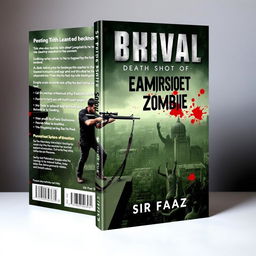 A gripping book cover for 'Survival: Death Shot of Zombies' by Sir Faraz, featuring an intense scene of a lone survivor standing bravely against a horde of menacing zombies