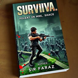 A gripping book cover for 'Survival: Death Shot of Zombies' by Sir Faraz, featuring an intense scene of a lone survivor standing bravely against a horde of menacing zombies