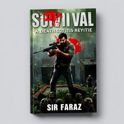 A gripping book cover for 'Survival: Death Shot of Zombies' by Sir Faraz, featuring an intense scene of a lone survivor standing bravely against a horde of menacing zombies