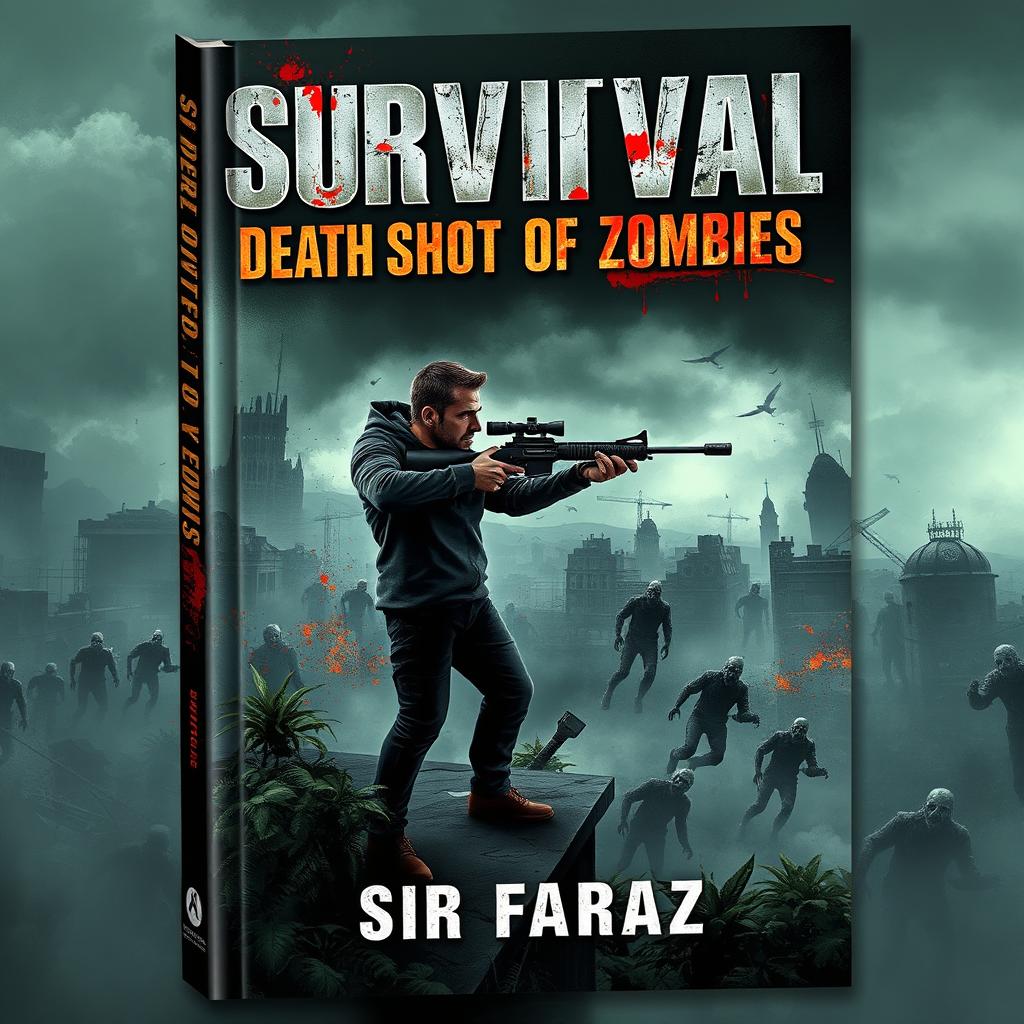 A gripping book cover for 'Survival: Death Shot of Zombies' by Sir Faraz, featuring an intense scene of a lone survivor standing bravely against a horde of menacing zombies