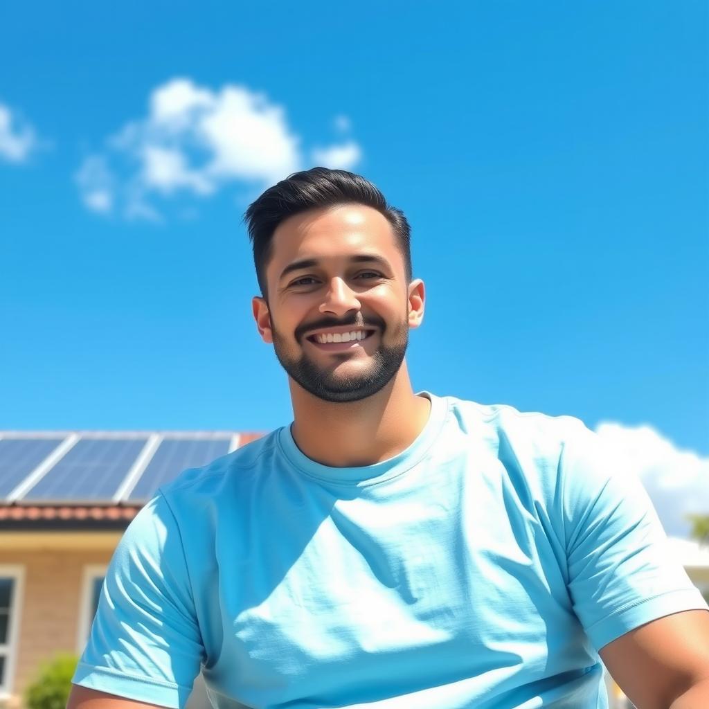 A 35-year-old friendly man sitting outdoors on a sunny day, wearing a light blue t-shirt