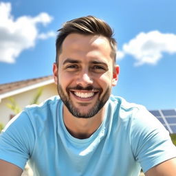 A 35-year-old friendly man sitting outdoors on a sunny day, wearing a light blue t-shirt