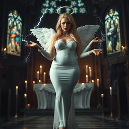 A full-length photograph of a sad yet captivating 18-year-old woman with blond hair, embodying a mix of sexy, sweet, and innocent beauty