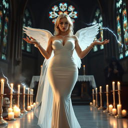 A full-length photograph of a sad yet captivating 18-year-old woman with blond hair, embodying a mix of sexy, sweet, and innocent beauty