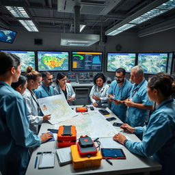 A comprehensive scene depicting healthcare professionals addressing disaster risk reduction in a medical network