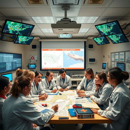 A comprehensive scene depicting healthcare professionals addressing disaster risk reduction in a medical network