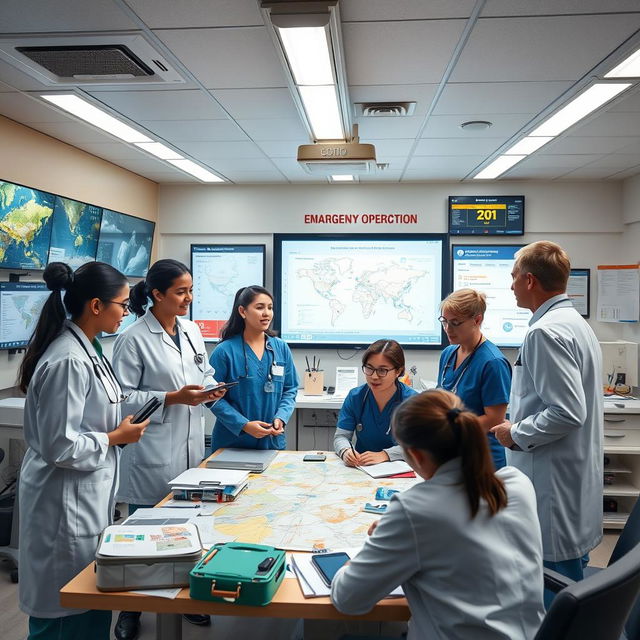 A comprehensive scene depicting healthcare professionals addressing disaster risk reduction in a medical network