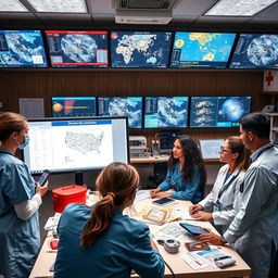 A comprehensive scene depicting healthcare professionals addressing disaster risk reduction in a medical network