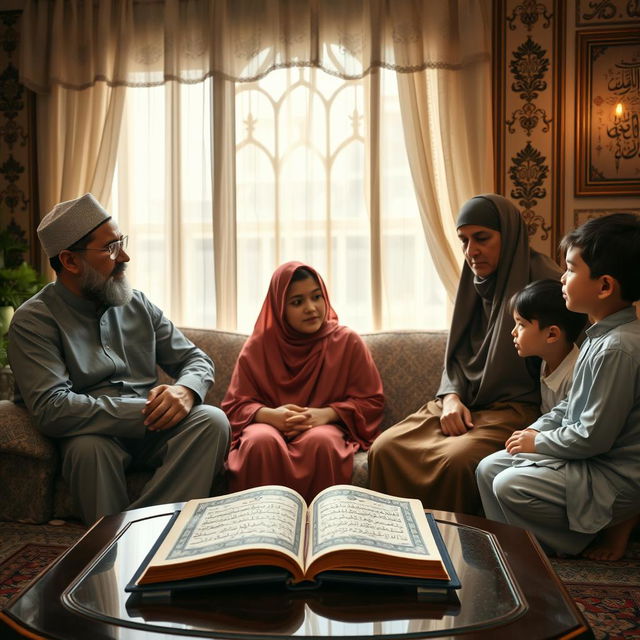 An Islamic-themed scene depicting a family engaged in a discussion about the sanctity of life, highlighting the principles of Islam that oppose abortion