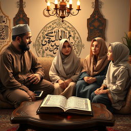 An Islamic-themed scene depicting a family engaged in a discussion about the sanctity of life, highlighting the principles of Islam that oppose abortion