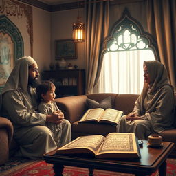 An Islamic-themed scene depicting a family engaged in a discussion about the sanctity of life, highlighting the principles of Islam that oppose abortion