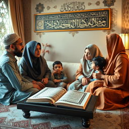 An Islamic-themed scene depicting a family engaged in a discussion about the sanctity of life, highlighting the principles of Islam that oppose abortion