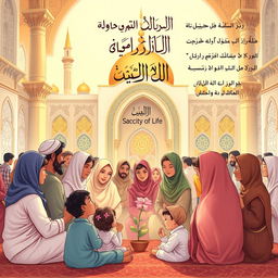 An Islamic-themed illustration showcasing a community gathering in support of the sanctity of life, emphasizing the Islamic teachings that oppose abortion