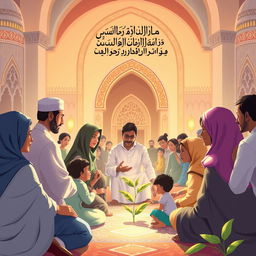 An Islamic-themed illustration showcasing a community gathering in support of the sanctity of life, emphasizing the Islamic teachings that oppose abortion