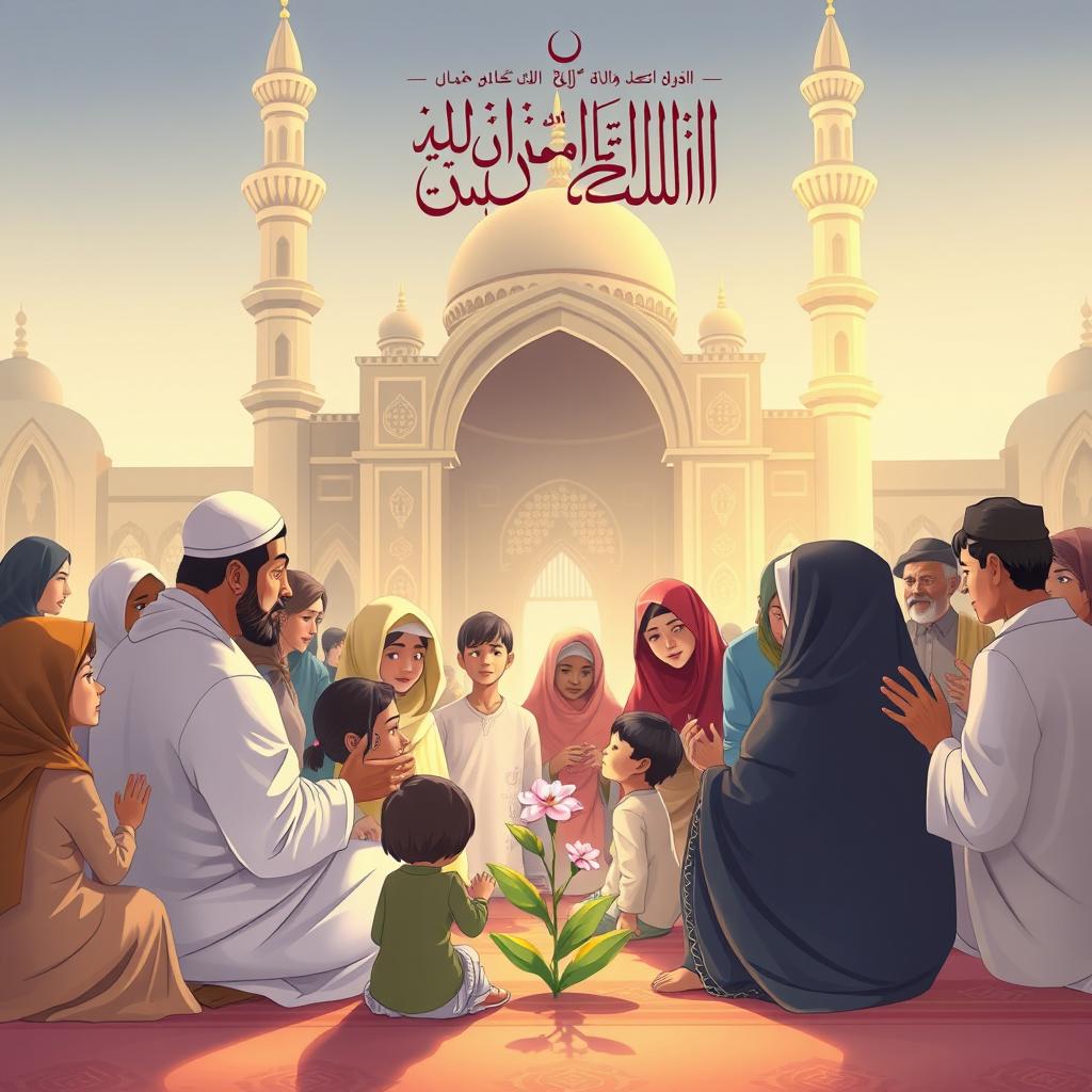 An Islamic-themed illustration showcasing a community gathering in support of the sanctity of life, emphasizing the Islamic teachings that oppose abortion