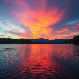 A serene landscape with a beautiful sunset casting vibrant hues of orange, pink, and purple across the sky