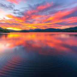 A serene landscape with a beautiful sunset casting vibrant hues of orange, pink, and purple across the sky