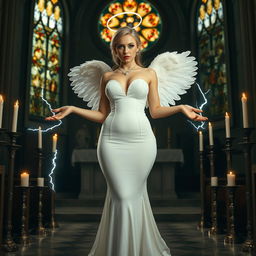 A full-length photograph of a sad yet enchanting 18-year-old woman with blond hair, exuding a blend of sexy, sweet, and innocent allure