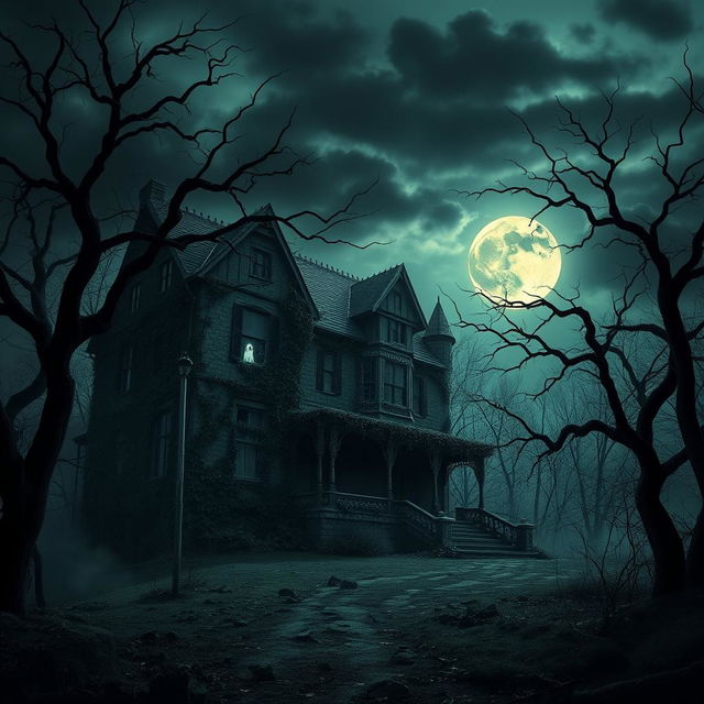 A hauntingly beautiful representation of a spooky, abandoned mansion at the edge of a dark and eerie forest