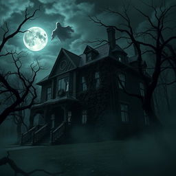 A hauntingly beautiful representation of a spooky, abandoned mansion at the edge of a dark and eerie forest