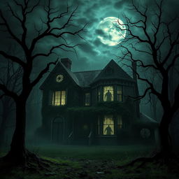 A hauntingly beautiful representation of a spooky, abandoned mansion at the edge of a dark and eerie forest