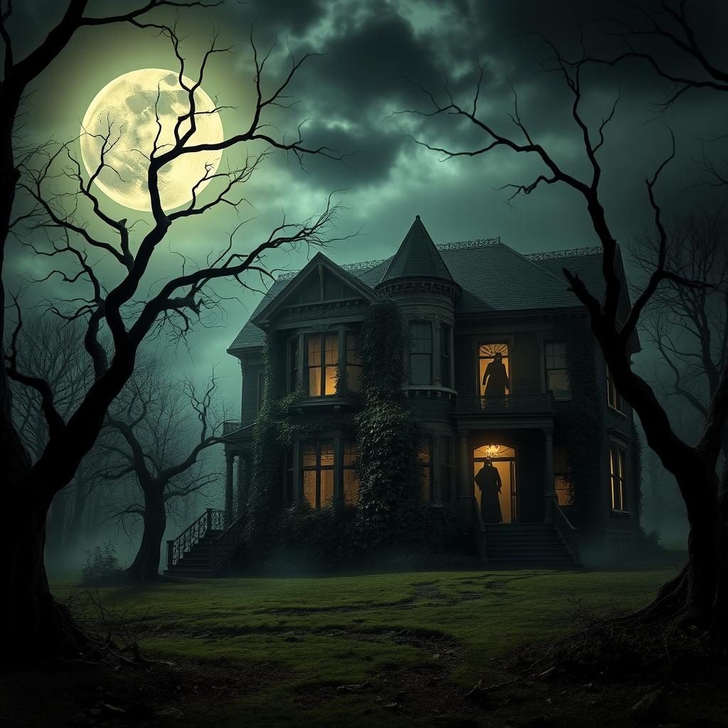 A hauntingly beautiful representation of a spooky, abandoned mansion at the edge of a dark and eerie forest