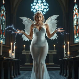 A full-length photograph of a sad yet striking 18-year-old woman with blond hair, embodying an alluring blend of sexy, sweet, and innocent features
