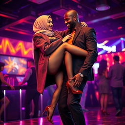 A fashionable woman wearing a hijab and a stylish coat over her lingerie, including stockings and stiletto pointy heels, performing a playful lap dance for a black man in a bustling club