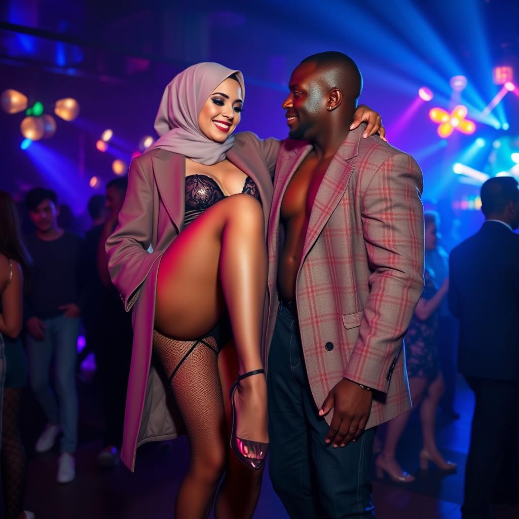 A fashionable woman wearing a hijab and a stylish coat over her lingerie, including stockings and stiletto pointy heels, performing a playful lap dance for a black man in a bustling club