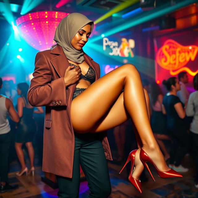 A fashionable woman wearing a hijab and a stylish coat over her lingerie, including stockings and stiletto pointy heels, performing a playful lap dance for a black man in a bustling club