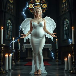 A full-length photograph of a sad yet captivating 18-year-old woman with blond hair, presenting a blend of sexy, sweet, and innocent charm